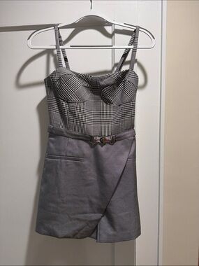 Anthropologie Black & White Plaid Mini Dress with Buckle Belt